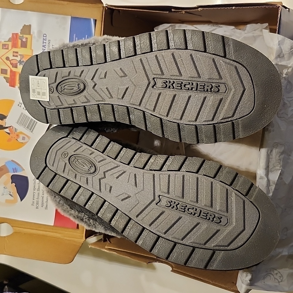 Skechers BOBS Keepsakes Ice Angel Charcoal Slippers Cable Knit Faux Fur 8.5 Wide - Picture 7 of 16